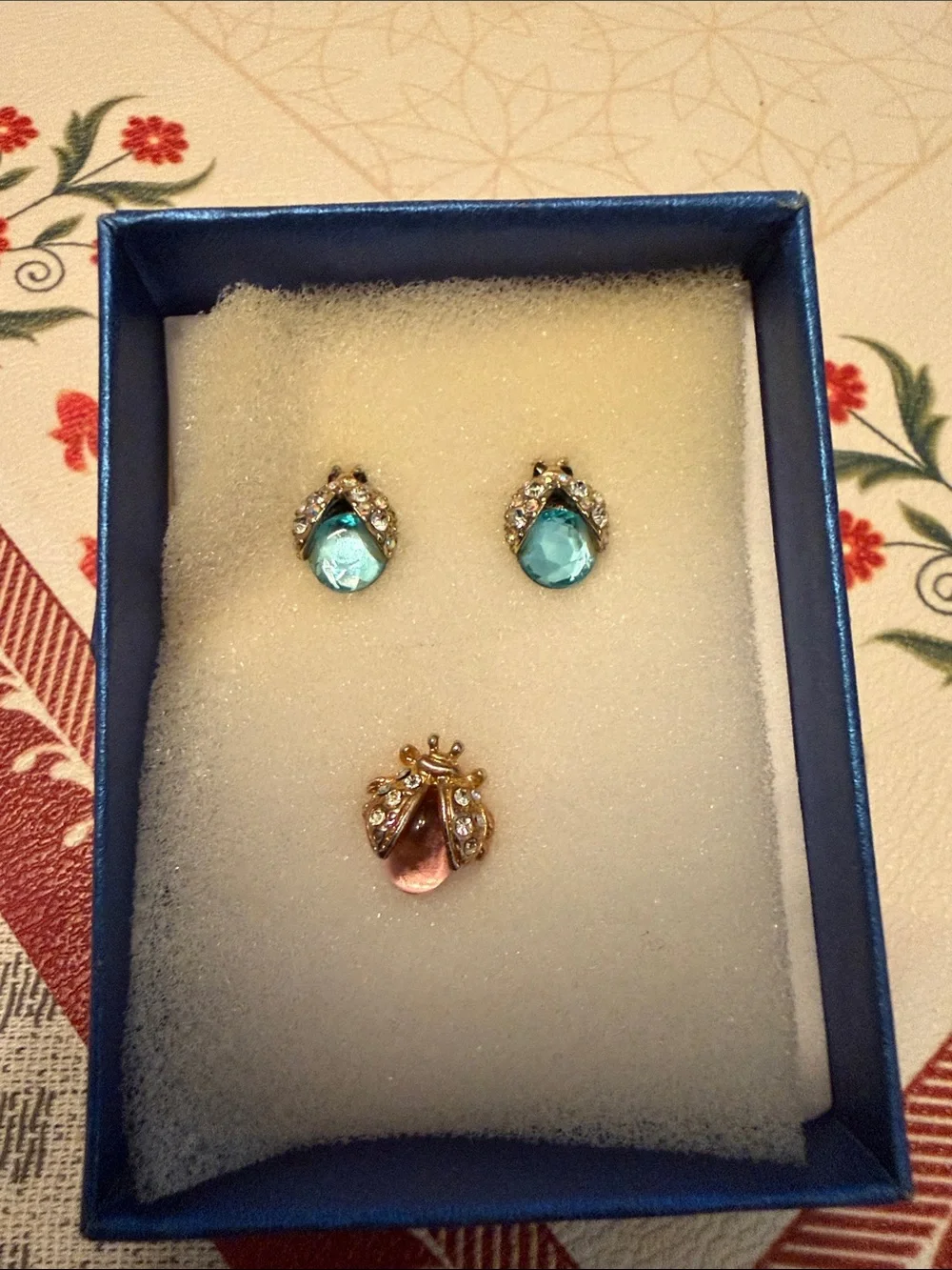 Blue Crystal ladybug Earrings and Pink Crystal Ladybug Pendant Set